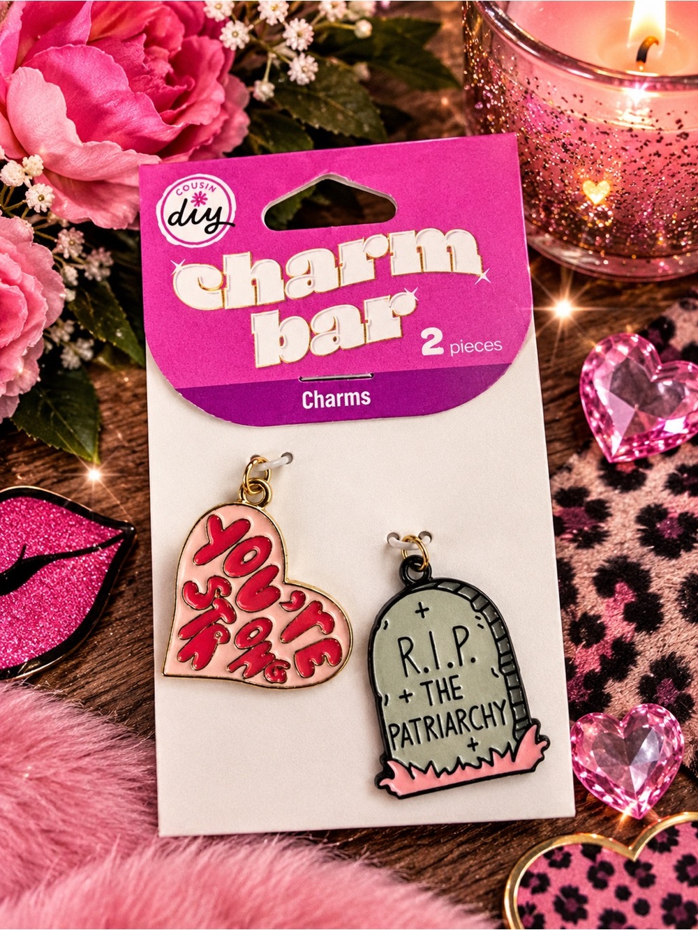 Pink Heart & Tombstone Charm Set - 'You're So Rad' & 'R.I.P. The Patriarchy'